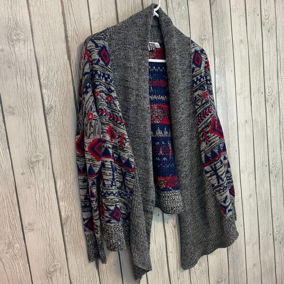 Roxy Grey/Red/Blue Aztec Print Oversized Knit Open Draped Cardigan Sweater Small - Picture 10 of 11